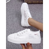 cheap Women&#039;s Sneakers-Women&#039;s White Lace Sneakers with Comfortable Sole and Lace-Up Design - Casual, Breathable Shoes for Everyday Wear