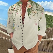 billiga Växter Mönster-Herr Löv Skjorta Knapp upp skjorta Långärmad Mode Designer Ledigt Utomhus Semester Dagligen Höst Vår &amp; sommar Hög krage Mönster Sjöblå Vit Rodnande Rosa Rubinrött Blå