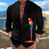 voordelige Vogels &amp; Dieren-Voor heren Papegaai Overhemd Hawaiiaans overhemd Aloha-shirt Lange mouw Overhemd Opstaand Modieus Ontwerper Casual Buiten Vakantie Straat Wit blauw Blauw / Wit S M L