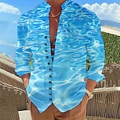 voordelige Oceaan afdrukken-Voor heren Golven Zeegezichtpatroon Overhemd Hawaiiaans overhemd Aloha-shirt Lange mouw Overhemd Opstaand Modieus Ontwerper Casual Buiten Vakantie Straat Rood Marine Blauw blauw S M L