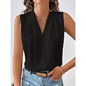 tanie Tank topy i topy na ramiączkach damskie-Kobiecy top na ramiączkach plisowany satynowy w jednolitym kolorze podstawowy casualowy w serek bez rękawów letni czarny biały