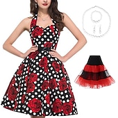 tanie stroje-Retro / vintage Lata 50. Rockabilly Spódnica Sukienka o kroju A Tutu Kwiaty Groszki Damskie Impreza / Wieczór Bal maskowy Wieczór panieński Dla dorosłych Sukienka Kolczyki Naszyjniki Wiosna i lato