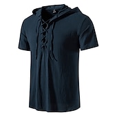 economico Cime-t-shirt vichinga medievale in cotone a maniche corte con cappuccio camicie da uomo in stile retrò con lacci hippie abbinati al costume larp