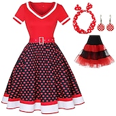 preiswerte Outfits-Retro Vintage 1950er Jahre Grease Outfits Rockabilly Petticoat Hoops Rock A-Linien Kleid Tutu Polka Dot Schickes Kleid Damen Party  Abend Maskerade Erwachsenen Kleid Ohrringe Kopfschmuck Frühling