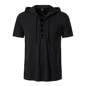 economico Cime-t-shirt vichinga medievale in cotone a maniche corte con cappuccio camicie da uomo in stile retrò con lacci hippie abbinati al costume larp