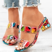 economico Infradito da Vacanza-sandali con tacco a blocco trasparenti e colorati con gemme da donna – sandali aperti alla moda per feste estive e outfit casual