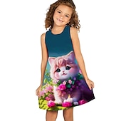 billiga 3D Cartoon Dresser-Barn Flickor Klänning Grafisk Blommig Katt Ärmlös Utomhus Ledigt Mode söt stil Dagligen Polyester Ovanför knäet Vardagsklänning A linjeklänning Linneklänning Sommar Vår 3-12 år Ljusgrön Marinbl