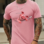  T-shirt grafica da uomo | Divertente illusione della cerniera di un maiale 3D | Maglietta casual bordeaux a maniche corte