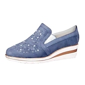 levne Dámské nazouváky a mokasíny-dámské modré slip-on tenisky na klínku – ležérní mokasíny na platformě zdobené drahokamy pro každodenní pohodlí a módu