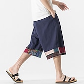 cheap Home-Men&#039;s Linen Shorts Capri Pants Patchwork Drawstring Elastic Waist Plain Comfort Breathable Outdoor Daily Going out Linen / Cotton Blend Fashion Casual Black Dark Blue