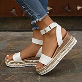 abordables Sandalias Informales-Sandalias de mujer con plataforma alpargata blanca con tira en el tobillo y detalle de tachuelas para outfits veraniegos y casuales
