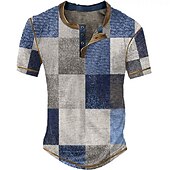 tanie Geometryczny-Męskie Graficzny Kratka Koszula Henley z waflami Krótki rękaw Druk 3D Moda Designerskie Podstawowy Na zewnątrz Codzienny Lato Niebieski Błękit nieba Czerwony Brązowy Zielony Henley Koszulka Henley