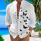 billiga Fåglar &amp; Djur-Herr Fjäril Skjorta Hawaii skjorta Aloha skjorta Långärmad Skjorta Hög krage Mode Designer Ledigt Utomhus Semester Gata Svart Vit + Svart Vit S M L