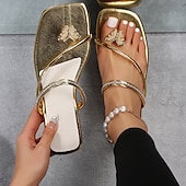 cheap Women&#039;s Sandals-Women&#039;s Gold Flip Flops with Butterfly Rhinestone Accent and Crystal Strap, Elegant Thong Sandals for Summer, Beach, and Evening Events