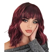 billige Syntetiske trendy parykker-syntetisk parykk bølget bob nett bang parykk middels lang blondt syntetisk hår kvinners blonde svarte burgunder barbiecore parykker