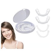 preiswerte Persönliche Pflege &amp; Gesundheit-1 Packung Silikon-Zahnaufhellung, Zahnspangen, Simulationsprothese, obere Zähne, untere Zähne, Set mit Box, perfektes Lächeln