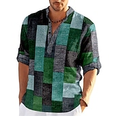 abordables Diseño Geométrico-Hombre Ajedrez Retazos Diseño Geométrico Camisa Abotonar la camisa Manga Larga Moda Ropa de calle Design Casual Noche Verano Primavera Otoño Escote Chino Estampado Caqui+Caqui Negro Blanco Amarillo