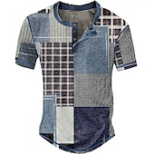 tanie Geometryczny-Męskie Graficzny Kratka Kolorowy blok Koszula Henley z waflami Krótki rękaw Druk 3D Zabytkowe Moda Designerskie Na zewnątrz Codzienny Lato Żółty Czerwony Niebieski Zielony Ciemnoniebieski Henley