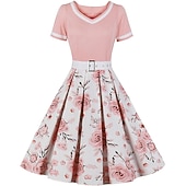 olcso Ruhák-Retró 1950-es Déli A-Line ruha Rockabilly Swing ruha Virágos A-vonalú V-alakú Jelmez Női Farsang Álarcos mulatság Party estélyi viselet Hazaérkezés Koktélparty Felnőttek Ruha Hazatérő ruhák Tavaszi