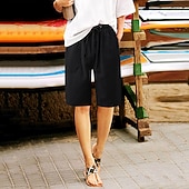 tanie Statki-Damskie Bermudy Spodnie capri Sztuczna bawełna len Letnie szorty Moda Podstawowy Codzienny Do kolan Średni Talia Równina Ściągana na sznurek Boczne kieszenie Workowaty Komfort Nieelastyczny Plaża