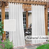 cheap Waterproof Curtains-Outdoor Linen Sheer Curtains for Patio Waterproof Indoor/Outdoor Divider Privacy Added Light Filtering Porch Decor with Detachable Self-Stick Tab Top for Gazebo/Cabana, Natural, 2 Panels