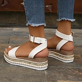 abordables Sandalias Informales-Sandalias de mujer con plataforma alpargata blanca con tira en el tobillo y detalle de tachuelas para outfits veraniegos y casuales