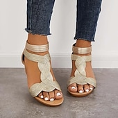 billige Sandaler til kvinner-Damesandaler med gullfarget elastisk stropp, flettet design og glidelåslukking, komfortable sommersko med åpen tå for fritidsbruk, reiser og fester.