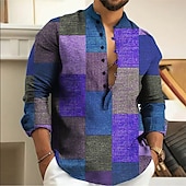 preiswerte Geometrische Muster-Herren Farbblock Geometrische Muster Geometrie Hemd Knopfhemd Langarm Modisch Strassenmode Designer Casual Ausgehen Sommer Frühling Herbst Ständer Bedruckt Gelb Blau Purpur Grau
