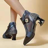 preiswerte Stiefeletten-Schwarze und rote Stiefeletten für Damen mit Mesh-Einsätzen und verziertem Absatz – elegantes modisches Schuhwerk für besondere Anlässe