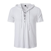 economico Cime-t-shirt vichinga medievale in cotone a maniche corte con cappuccio camicie da uomo in stile retrò con lacci hippie abbinati al costume larp