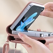 Недорогие Чехлы для Samsung-телефон Кейс для Назначение SSamsung Galaxy Z-флип 6 Z Flip 5 Z Flip 4 Z Flip 3 Сумочка Кошелек Кошелек для карт Флип со съемным ремешком через плечо Слоты для держателей карт Однотонный ПК Кожа PU