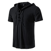 economico Cime-t-shirt vichinga medievale in cotone a maniche corte con cappuccio camicie da uomo in stile retrò con lacci hippie abbinati al costume larp