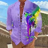 billiga Fåglar &amp; Djur-Herr Papegoja Skjorta Hawaii skjorta Aloha skjorta Långärmad Skjorta Hög krage Mode Designer Ledigt Utomhus Semester Gata Gul Blå Purpur S M L
