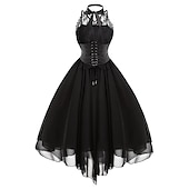 cheap Dresses-Women&#039;s Sleeveless Gothic Dress with Corset Halter Lace Swing Cocktail Dress Tulle Dress Formal Casual Halloween Punk Hippie Dresses