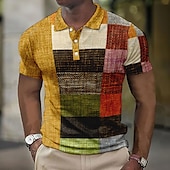 cheap Men&#039;s Color Block Polo-Men&#039;s Plaid Waffle Polo Shirts Golf Shirt Short Sleeve Polo Shirts Collared Shirts Vintage Casual Vacation Wear Formal Wear Festival Wear Buttons 3D Print Light Yellow Crystal / Orange Yellow