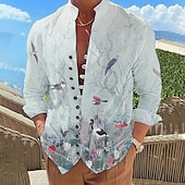 billiga Växter Mönster-Herr Löv Skjorta Knapp upp skjorta Långärmad Mode Designer Ledigt Utomhus Semester Dagligen Höst Vår &amp; sommar Hög krage Mönster Sjöblå Vit Rodnande Rosa Rubinrött Blå