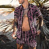 billiga Set med tryckta skjortor för män-Herr 3D-utskrift 2st Skjortor Set Hawaii skjorta Kortärmad Korta byxor Nedvikt Mode Hawaiisk Designer Utomhus Semester Strand 3D-utskrift Button-Down Sommar Vår Svart Blå Purpur