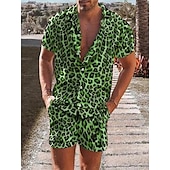 preiswerte Bedruckte Hemden-Sets für Herren-Herren Leopard 2St Hemden-Sets Sommer Hawaiihemd Kurzarm Kurze Hosen Umlegekragen Tropisch Mode Hawaiianisch Lässig Ferien Strand Druck Sommer Frühling Blau Purpur Braun