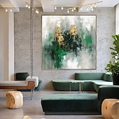 preiswerte Abstrakte Gemälde-Handgefertigtes Ölgemälde auf Leinwand, Wandkunst, Dekoration, handbemalt, modernes, grünes, goldenes, abstraktes Gemälde für die Inneneinrichtung, gerolltes, rahmenloses, ungedehntes Gemälde