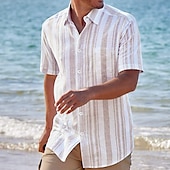 cheap Men&#039;s Button Up Shirts-Men&#039;s Shirt Summer Shirt Casual Shirt Beach Shirt Button Up Shirt Striped Shirts White Short Sleeve Striped Lapel Vacation Street Print Clothing Apparel Polyester Fashion Leisure Hawaiian