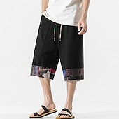 cheap Home-Men&#039;s Linen Shorts Capri Pants Patchwork Drawstring Elastic Waist Plain Comfort Breathable Outdoor Daily Going out Linen / Cotton Blend Fashion Casual Black Dark Blue