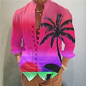 voordelige Tropische planten-Voor heren Kokosnootboom Tropische planten Overhemd Hawaiiaans overhemd Aloha-shirt Lange mouw Overhemd Opstaand Modieus Ontwerper Casual Buiten Vakantie Straat Geel blauw Fuchsia S M L