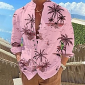 voordelige Tropische planten-Voor heren Kokosnootboom Tropische planten Overhemd Hawaiiaans overhemd Aloha-shirt Lange mouw Overhemd Opstaand Modieus Ontwerper Casual Buiten Vakantie Straat Wit Blozend Roze blauw S M L