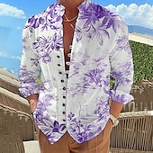 billiga Växter Mönster-Herr Blommig Skjorta Knapp upp skjorta Långärmad Mode Designer Ledigt Semester Dagligen Utekväll Höst Vår &amp; sommar Hög krage Mönster Rubinrött Blå Purpur Grön