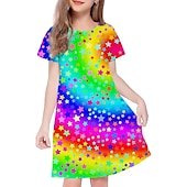 זול שמלת 3D Shining Vision-בנות &#039; תלת מימד גראפי שמלה שרוולים קצרים הדפסת תלת מימד קיץ אביב חופשה יומי חגים סגנון חמוד יום יומי מתוק ילדים 3-12 שנים שמלה עם כיווץ במותן מעל הברך רגיל