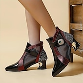 preiswerte Stiefeletten-Schwarze und rote Stiefeletten für Damen mit Mesh-Einsätzen und verziertem Absatz – elegantes modisches Schuhwerk für besondere Anlässe