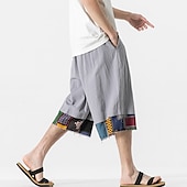 cheap Home-Men&#039;s Linen Shorts Capri Pants Patchwork Drawstring Elastic Waist Plain Comfort Breathable Outdoor Daily Going out Linen / Cotton Blend Fashion Casual Black Dark Blue