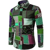 preiswerte Ethnisches Muster-Herren Hemd Knopfhemd Langarm Designer Boho Täglich Ausgehen Ganzjährig Umlegekragen Bedruckt Hemden mit Kragen Hellgrün Dunkelgrün Purpur Regenbogen