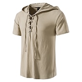 economico Cime-t-shirt vichinga medievale in cotone a maniche corte con cappuccio camicie da uomo in stile retrò con lacci hippie abbinati al costume larp