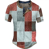 tanie Geometryczny-Męskie Graficzny Kratka Koszula Henley z waflami Krótki rękaw Druk 3D Moda Designerskie Podstawowy Na zewnątrz Codzienny Lato Niebieski Błękit nieba Czerwony Brązowy Zielony Henley Koszulka Henley
